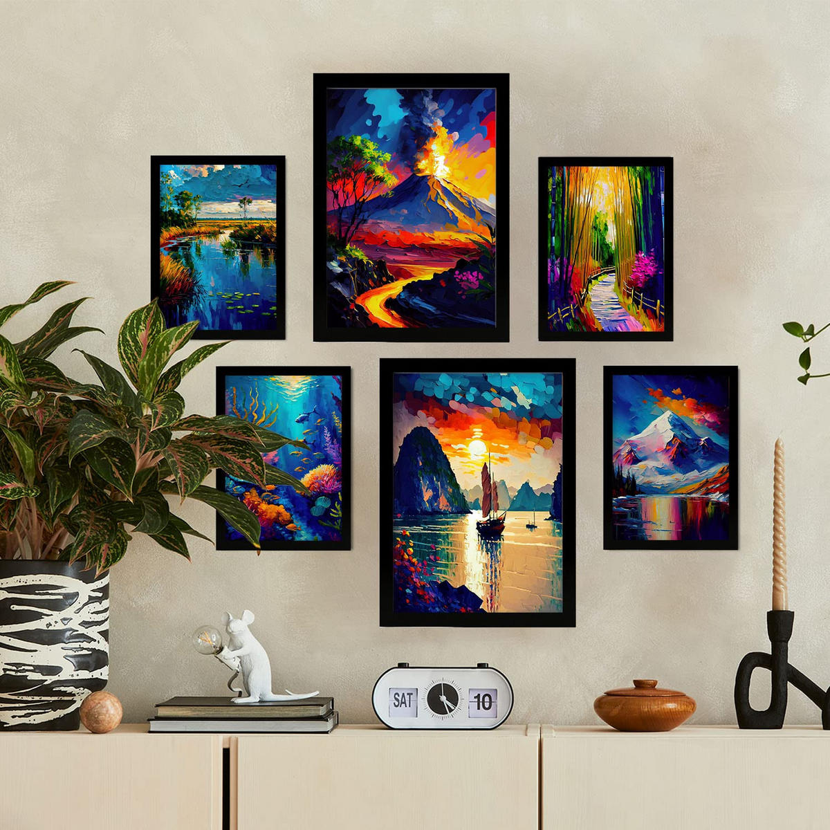 POSTER Set Mit 6 Wasser & Feuer Im Ölgemälde Stil A3 & A4 Schwarzer Rahmen - Schwarz, Papier (29/3cm) - Nacnic