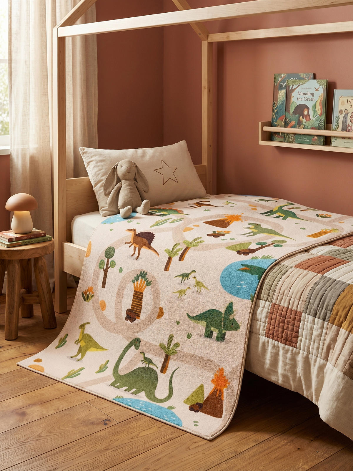 KINDERTEPPICH Kurzflor Dinosaurier-Landschaft Waschbar OEKO-TEX Spielteppich Jungen Mädchen Beige 120x170 – TINO - Beige, Textil (120/170cm) - KADIMA DESIGN