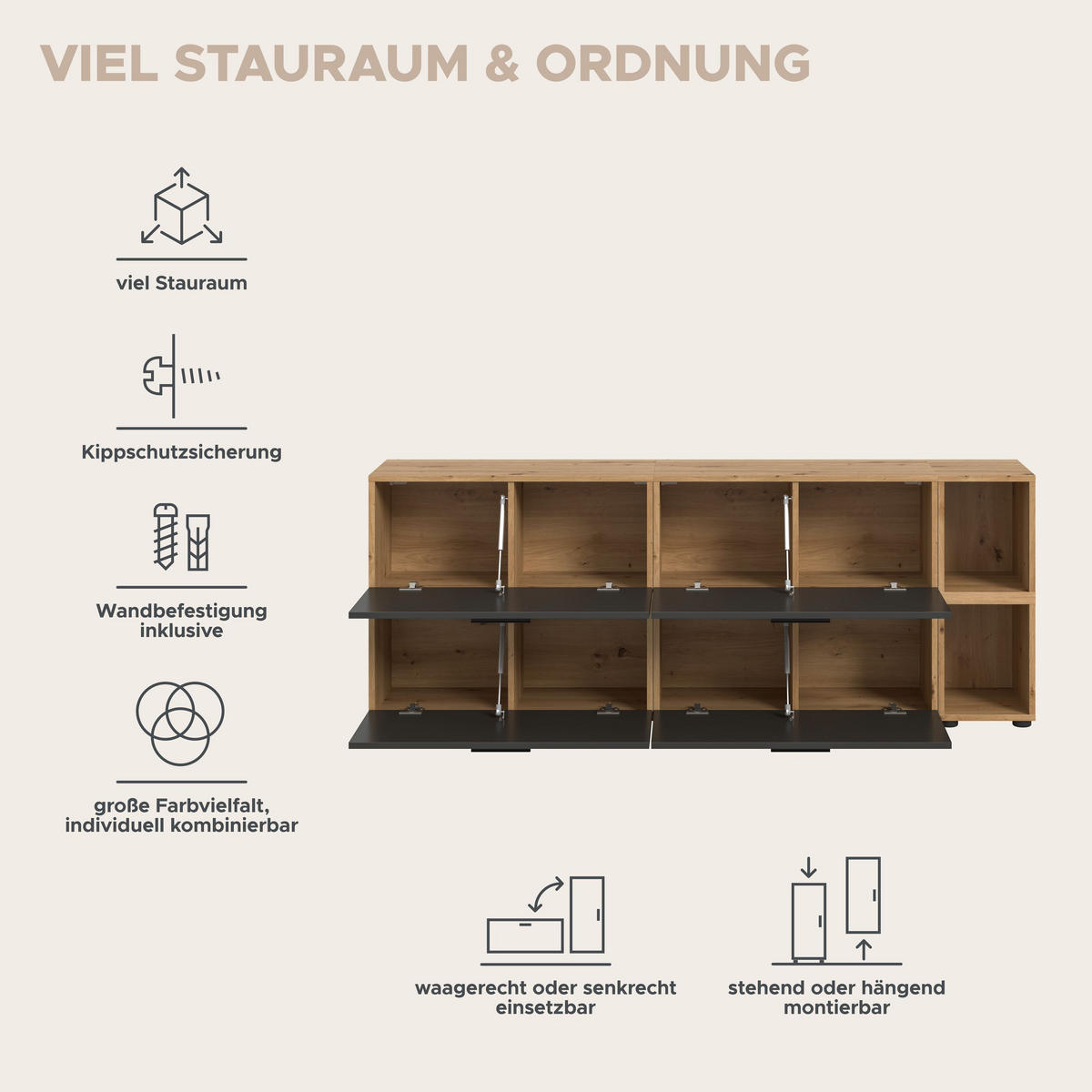 WOHNWAND Primo (B/H/T: ca. 176/67/34 cm) in Artisan Oak /Basalt grau - Eiche Artisan, Holzwerkstoff (176/67/34cm)