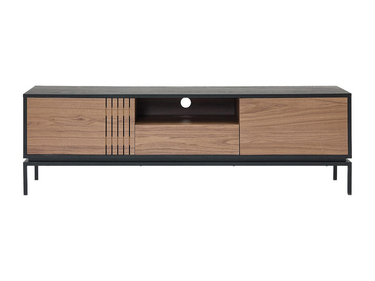 TV-MÖBEL mit 2 Türen, 1 Schublade & 1 Ablagefach - Nussbaumfurnier & Metall - Holzfarben dunkel & Schwarz - ZINORI - Schwarz, Metall (40/55/180cm) - Vente-Unique