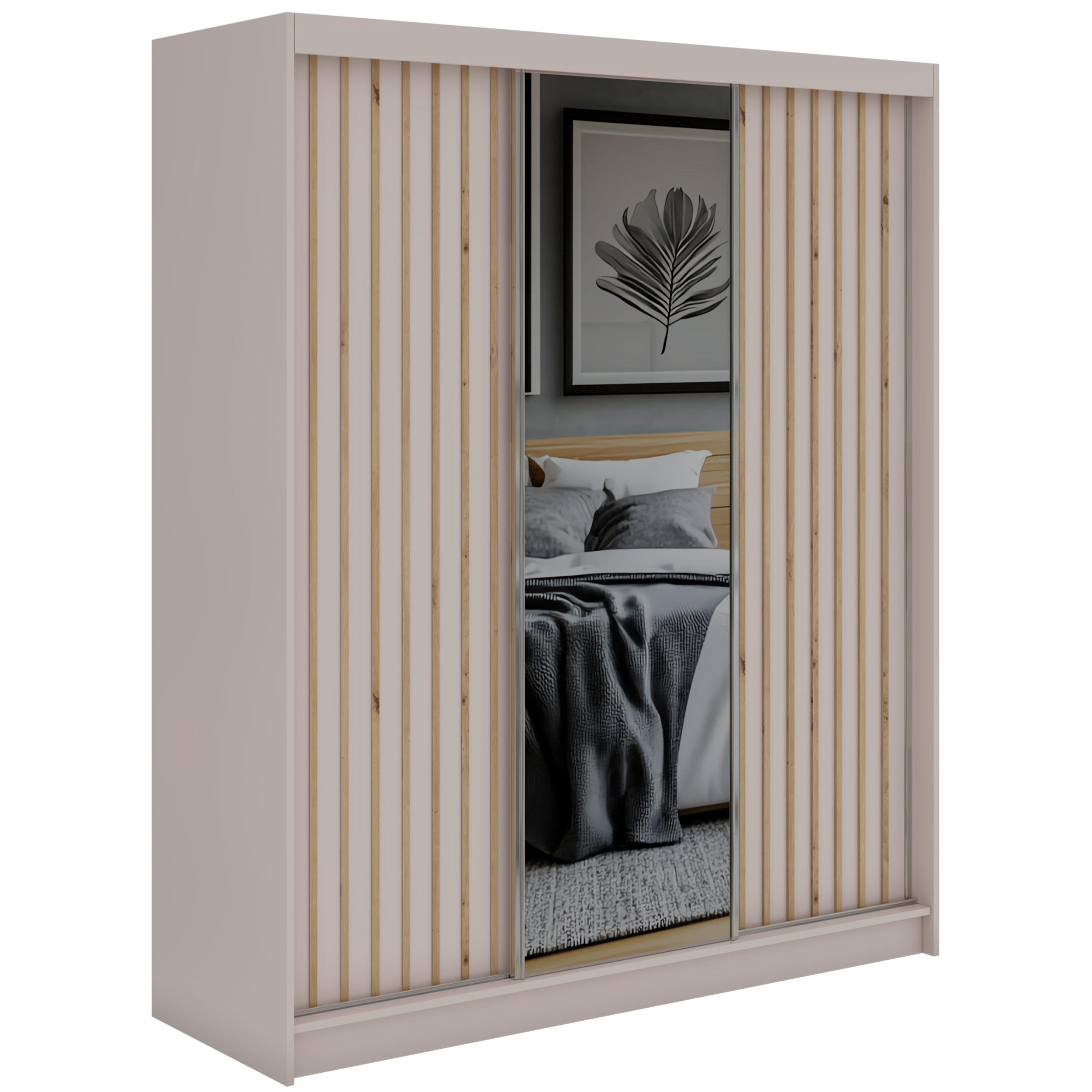 SCHWEBETÜRENSCHRANK mit Spiegel und Schubladen LAOS - 180 - Kaschmir - Eiche Artisan Lamellen - Kaschmir/Alufarben, Holzwerkstoff/Metall (180/216/61cm) - MKS