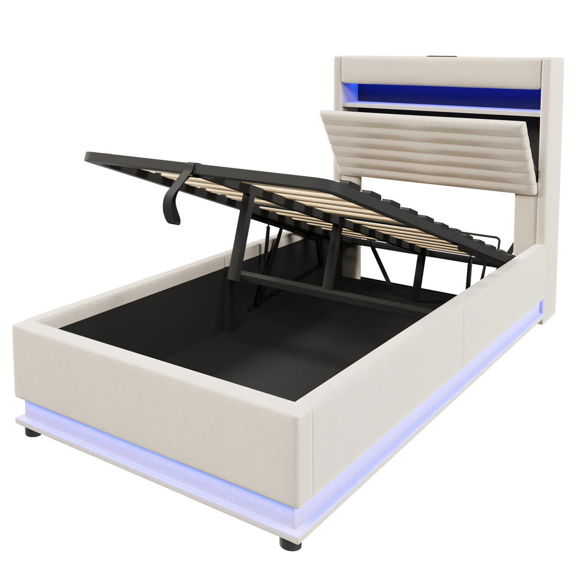 POLSTERBETT 90/200 cm Beige mit LED-Beleuchtung, USB- und Typ-C-Anschluss, hydraulischem Stauraum aus Leinen - Beige, Textil (90/200cm) - OKMYHOME