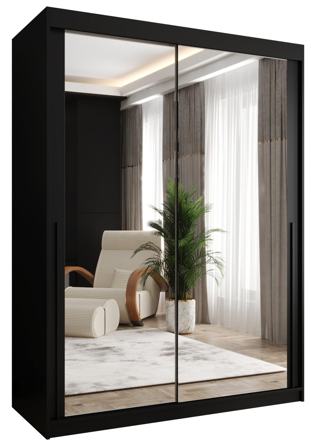 Home Collective ŠATNÍ SKŘÍŇ S POSUVNÝMI DVEŘMI se zrcadlem, šířka 150 cm, černá s černým madlem