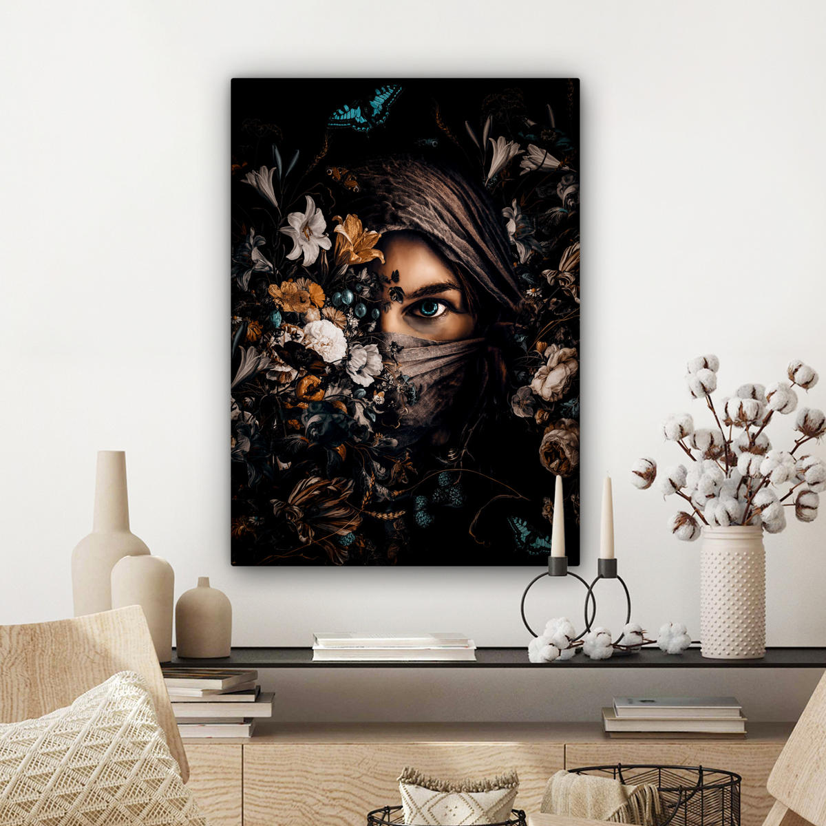 LEINWANDBILD Frau - Luxus - Blumen - Schmetterling - Porträt 60x80 cm - Schwarz, Textil (60/80cm) - MuchoWow