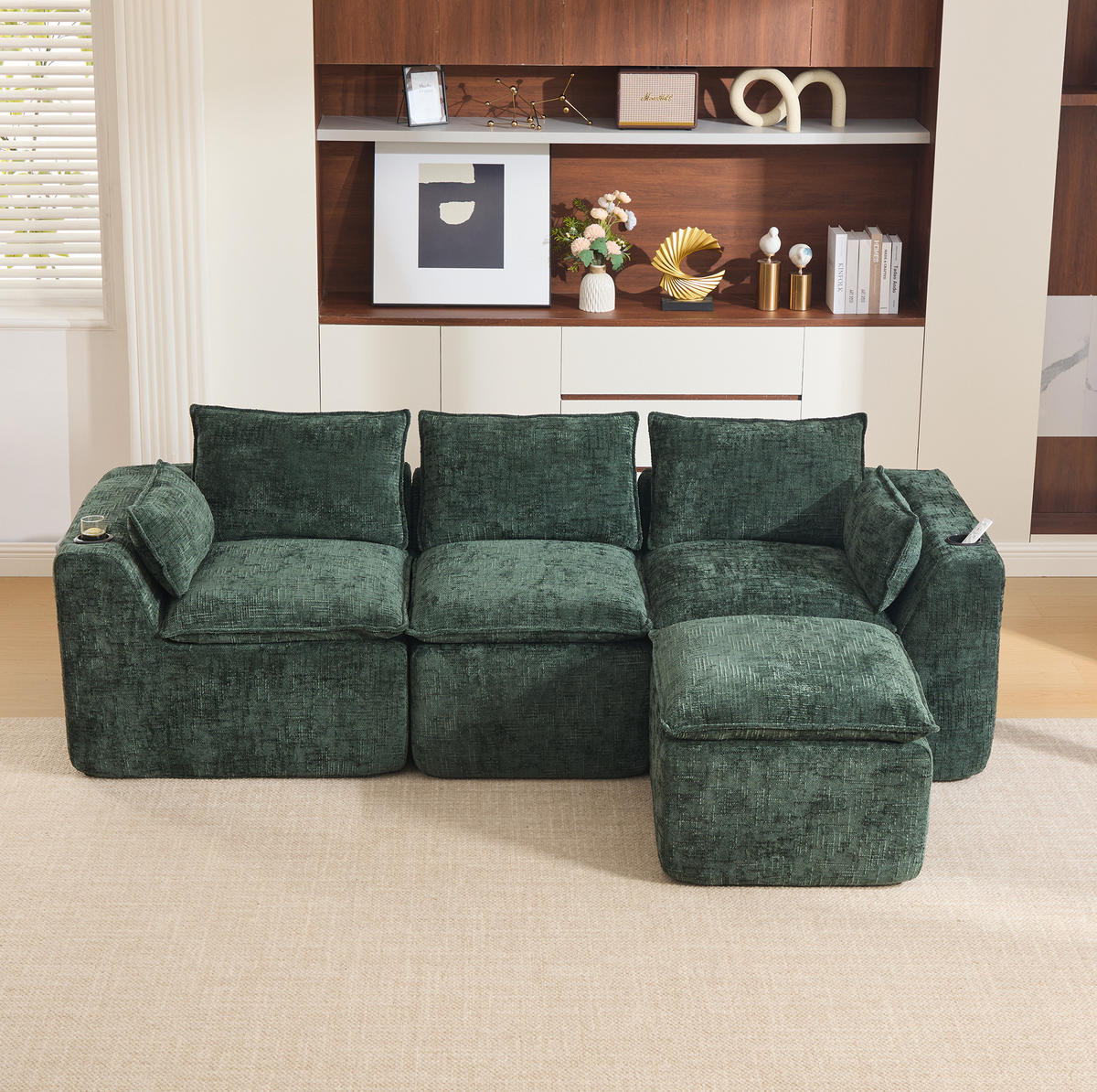 SOFA modular mit Fußhocker 256 x 161 cm Chenille Grün 3-tlg. - Grün, Holzwerkstoff (161/256cm) - Meubliv