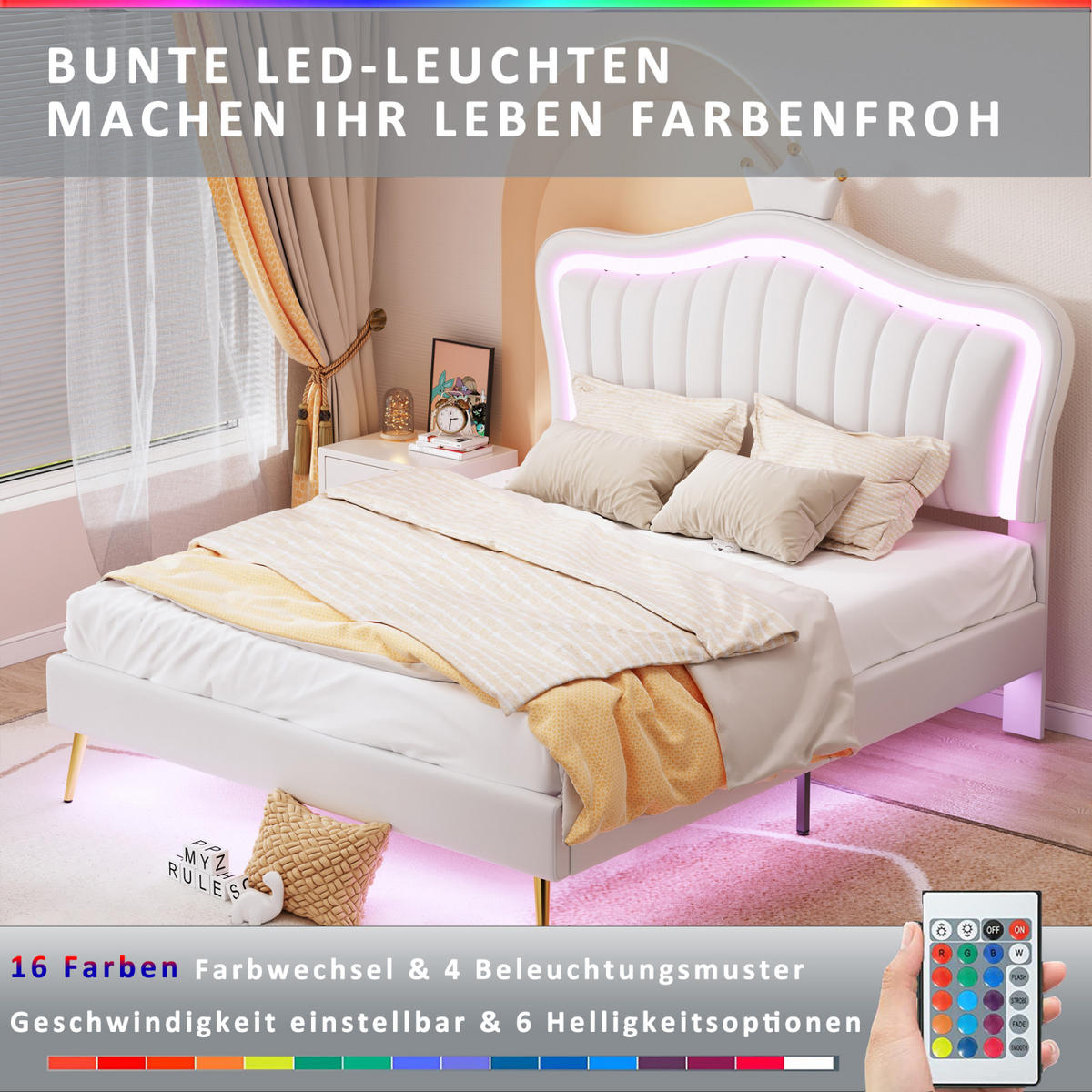 KINDERBETT Polsterbett 140/200 cm mit LED, Krone-Kopfteil, Kunstleder Weiß, Lattenrost - Weiß, Holz/Textil (140/200cm) - PARAFTA HOME