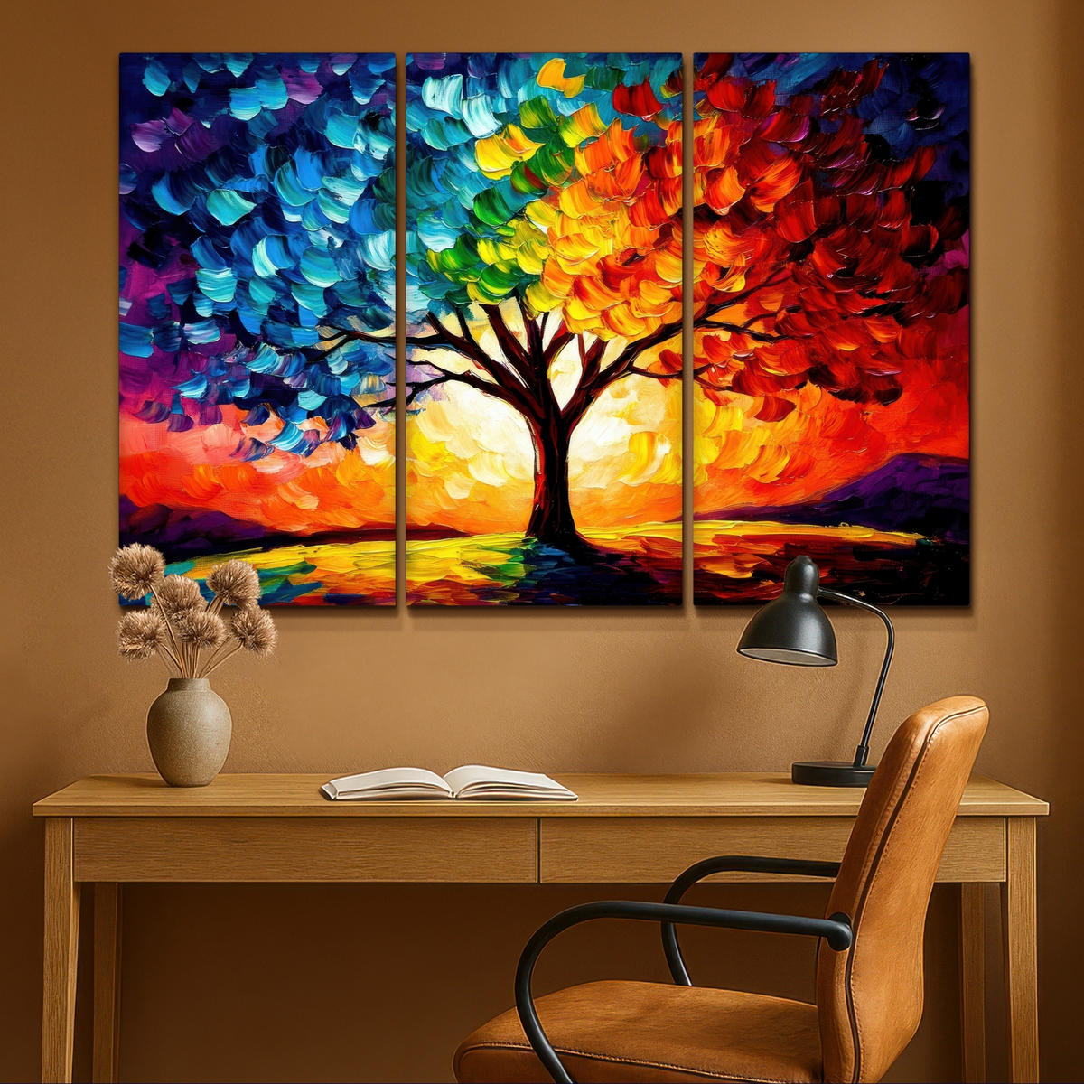 LEINWANDBILD 3er Set Baum - Farbenfroh - Malerei-Look - Abstrakt 120x80 cm - Multicolor, Textil (120/80cm) - MuchoWow