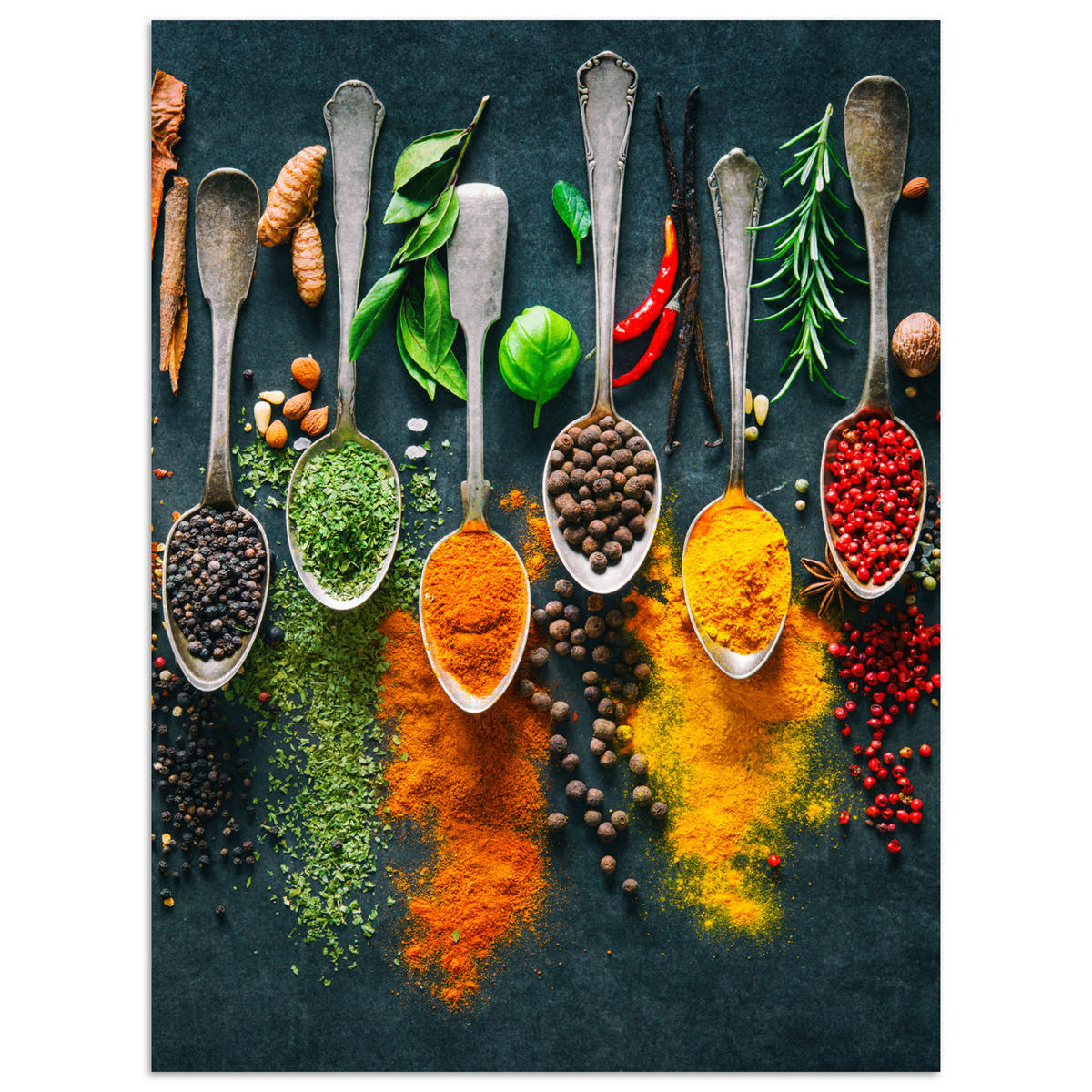POSTER Kräuter - Gewürze - Löffel 60x80 cm - Currygelb, Papier (60/80/0.1cm) - MuchoWow