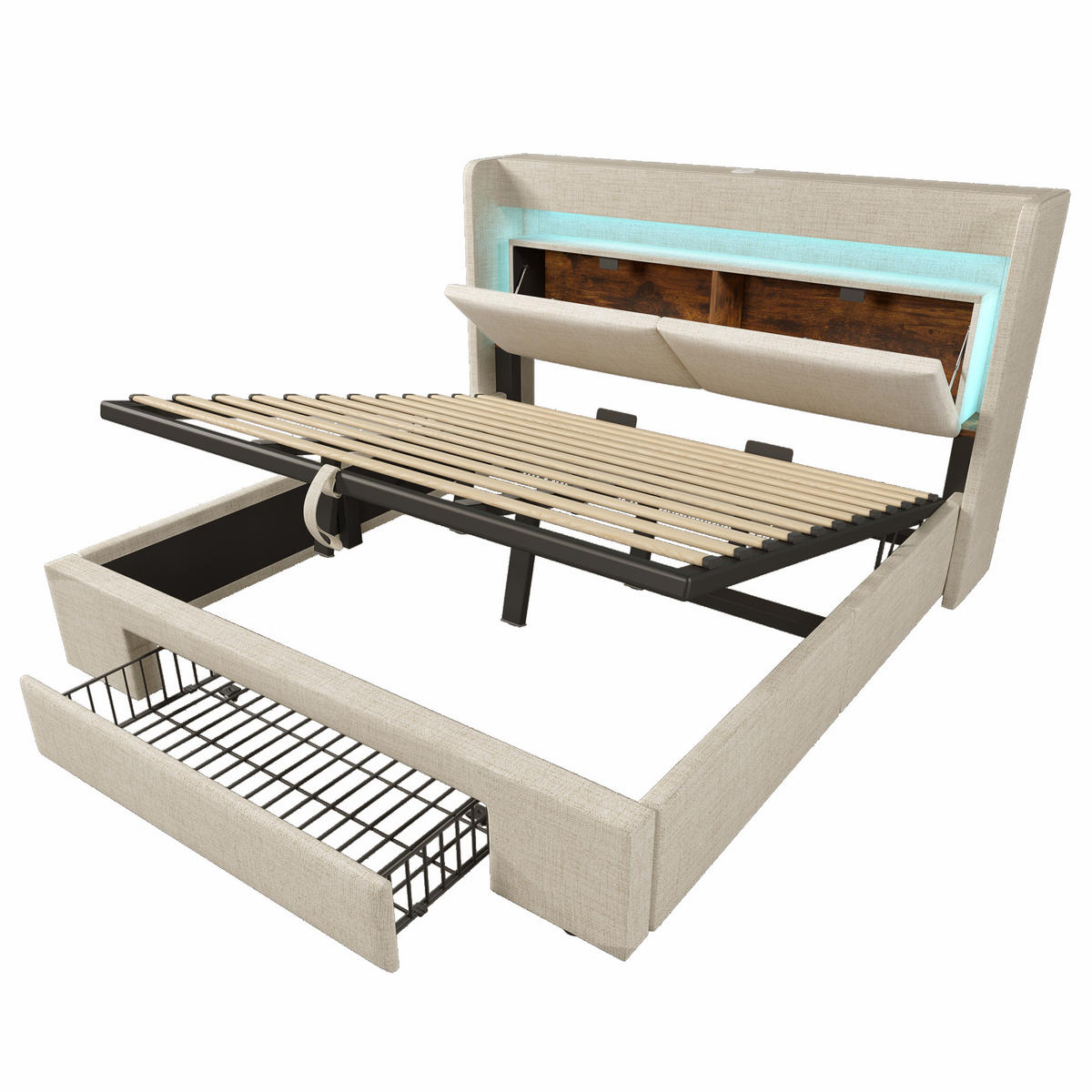 POLSTERBETT 180/200 cm mit LED, USB/USB-C, hydraulischem Stauraum und Schublade, Leinen, Beige - Beige, Textil (180/200cm) - Redom