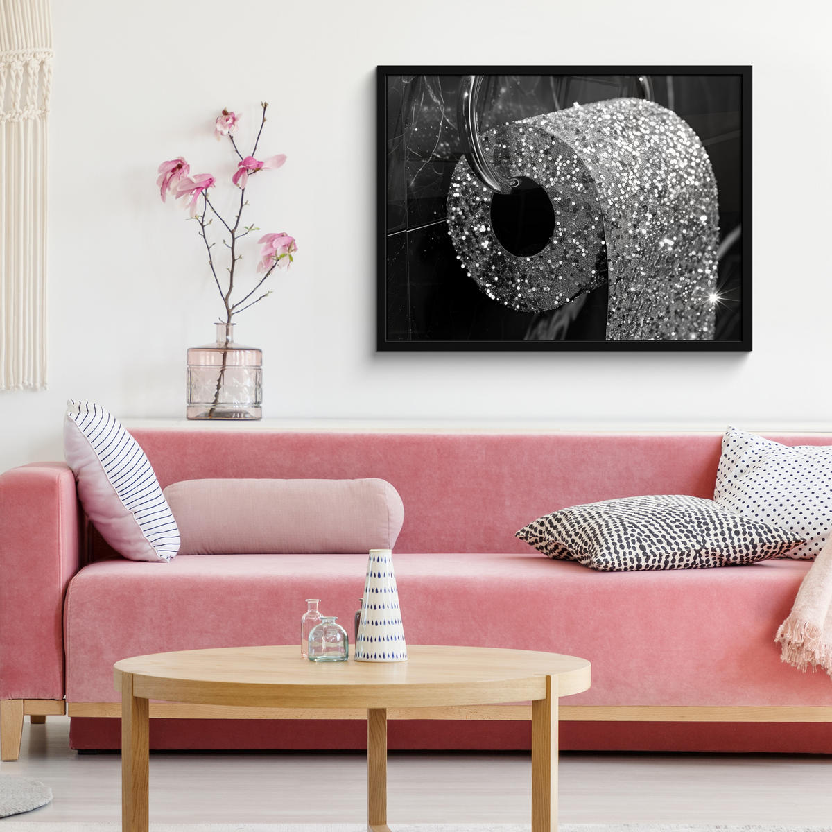 ZARÁMOVANÝ PLAGÁT WC - toaletný papier - čiernobiely - trblietky 80x60 cm - strieborná, papier (80/60cm) - MuchoWow