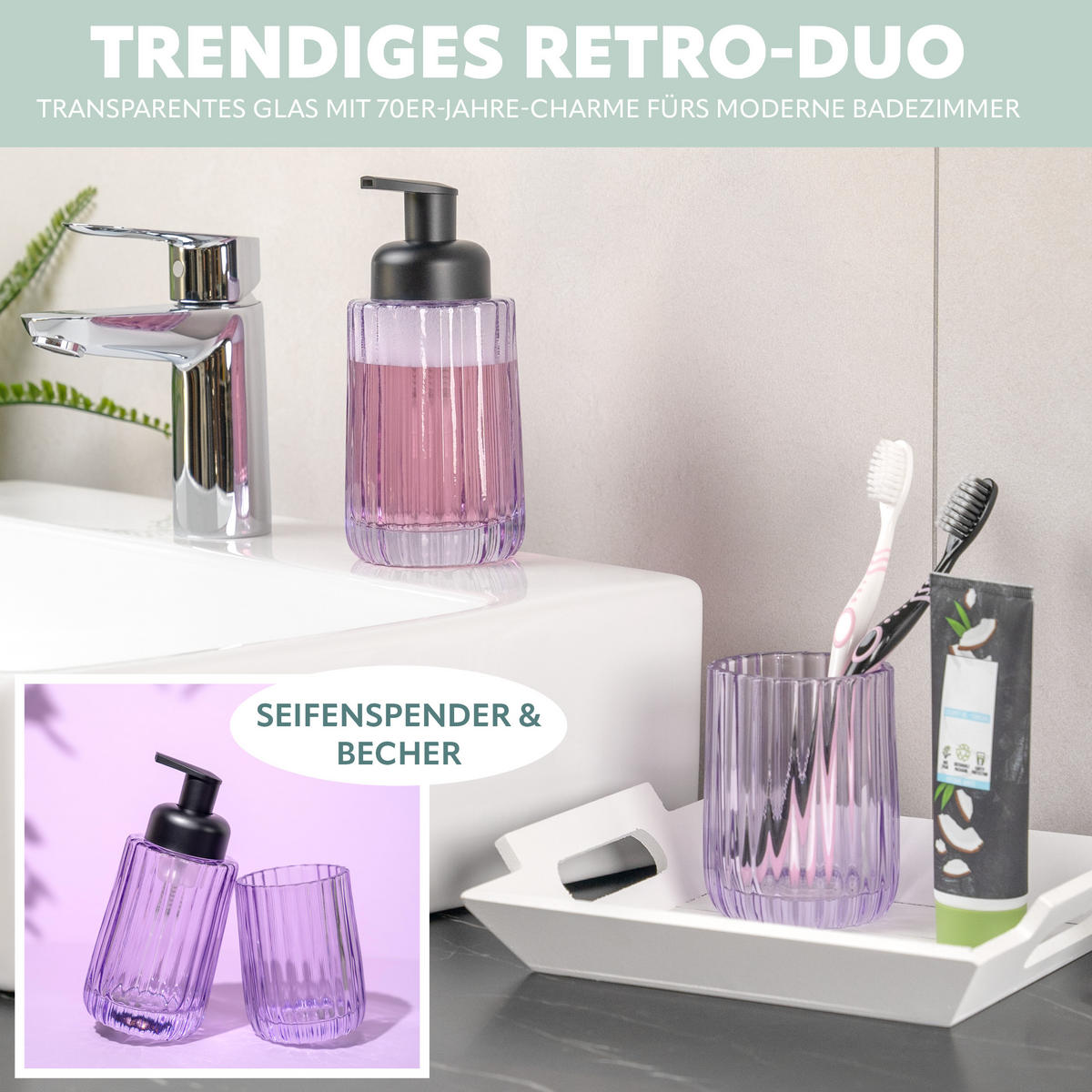 BADEZIMMER ZUBEHÖR-SET, Glas lavendel - Lila, Glas (8/17/8cm) - bremermann