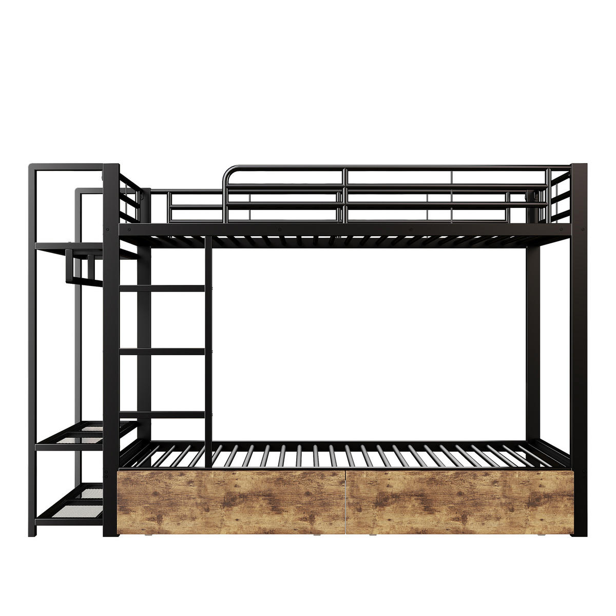 ETAGENBETT 90/200 cm mit LED-Lichtleiste, 2 Schubladen, Regalen und Kleiderstange, Schwarz - Schwarz, Metall (90/200cm) - Redom