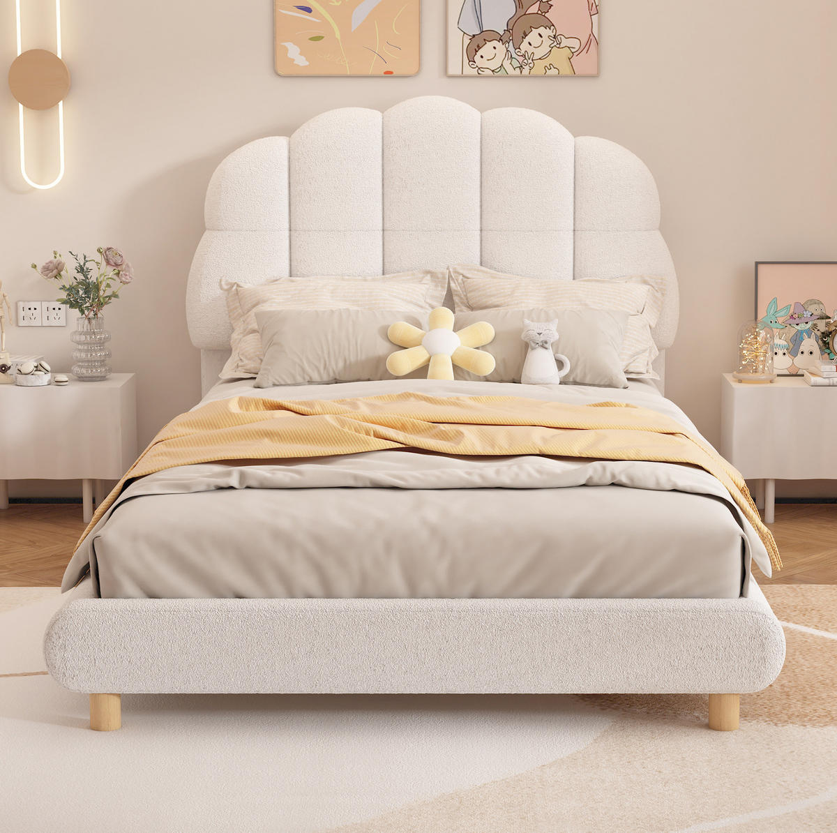 KINDERBETT 90/200 cm aus Plüsch und MDF mit blumenförmigem Kopfteil Weiß - Weiß, Textil (90/200cm) - Modenvie