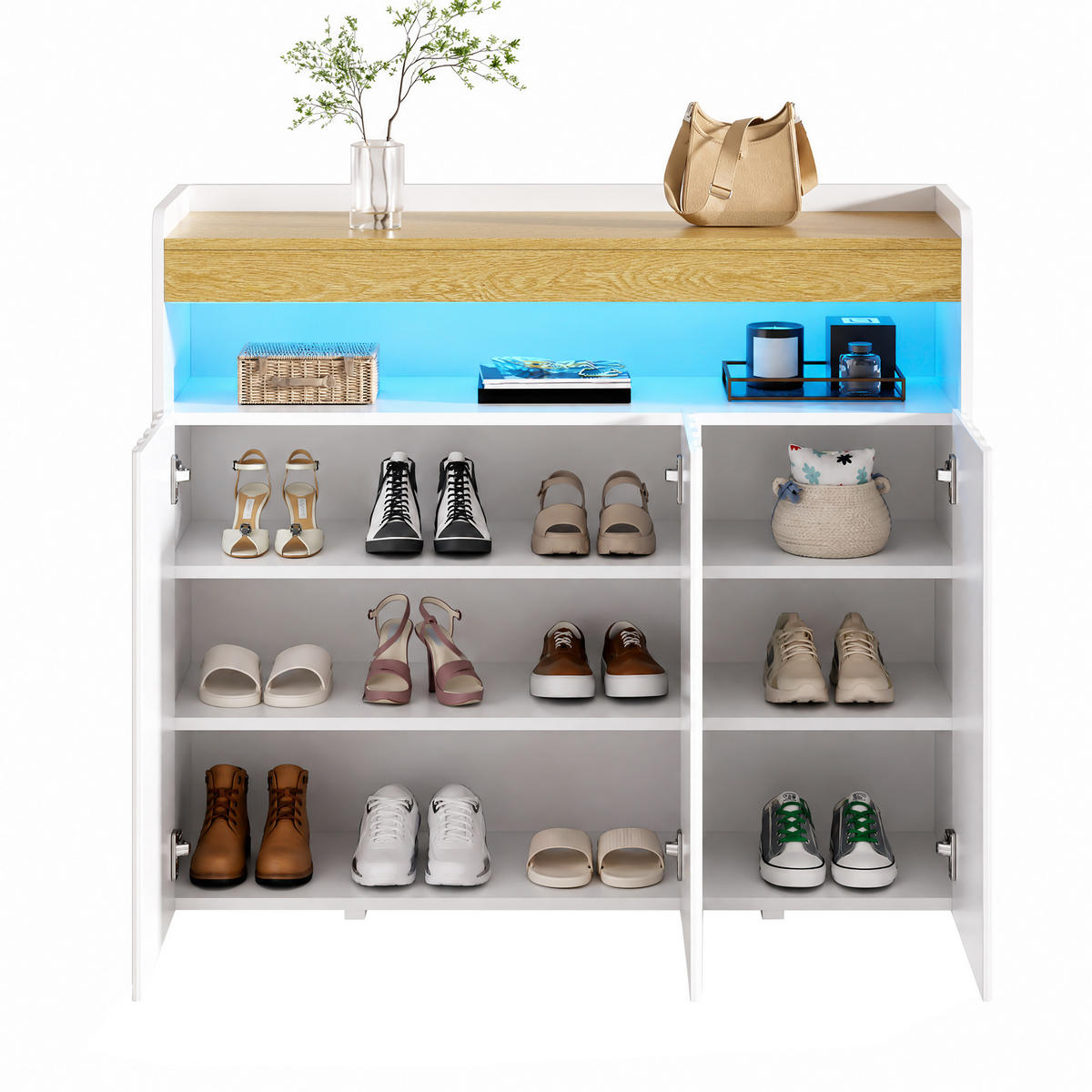 SIDEBOARD Schuhschrank LED 3 Türen Wellenmuster Ablagen 105cm - Multicolor, Holzwerkstoff (105/90.5/35cm) - FLIEKS