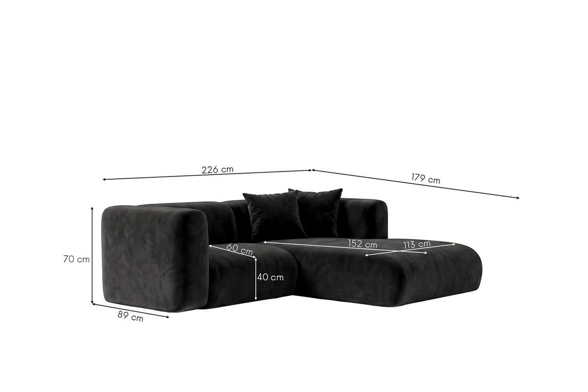 ECKSOFA L-Form mini, Velvet-Stoff Bluvel, Schwarz, Rechts, GRETA - Schwarz, Holz (226/179cm) - Kaiser Möbel