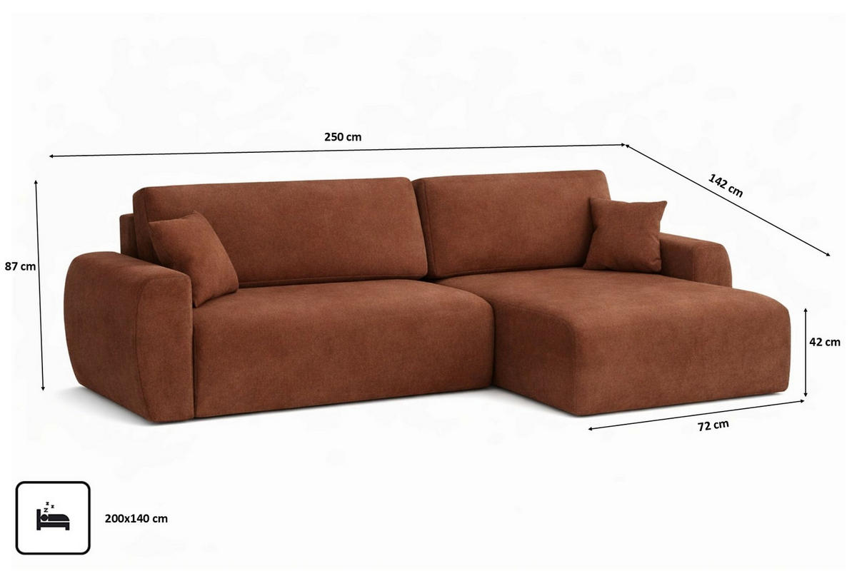 ECKSOFA Mit Schlaffunktion Ariel L, Velours, Stoff Salvador, Dunkelbraun, Rechts - Dunkelbraun, Holz (250/142cm) - Kaiser Möbel