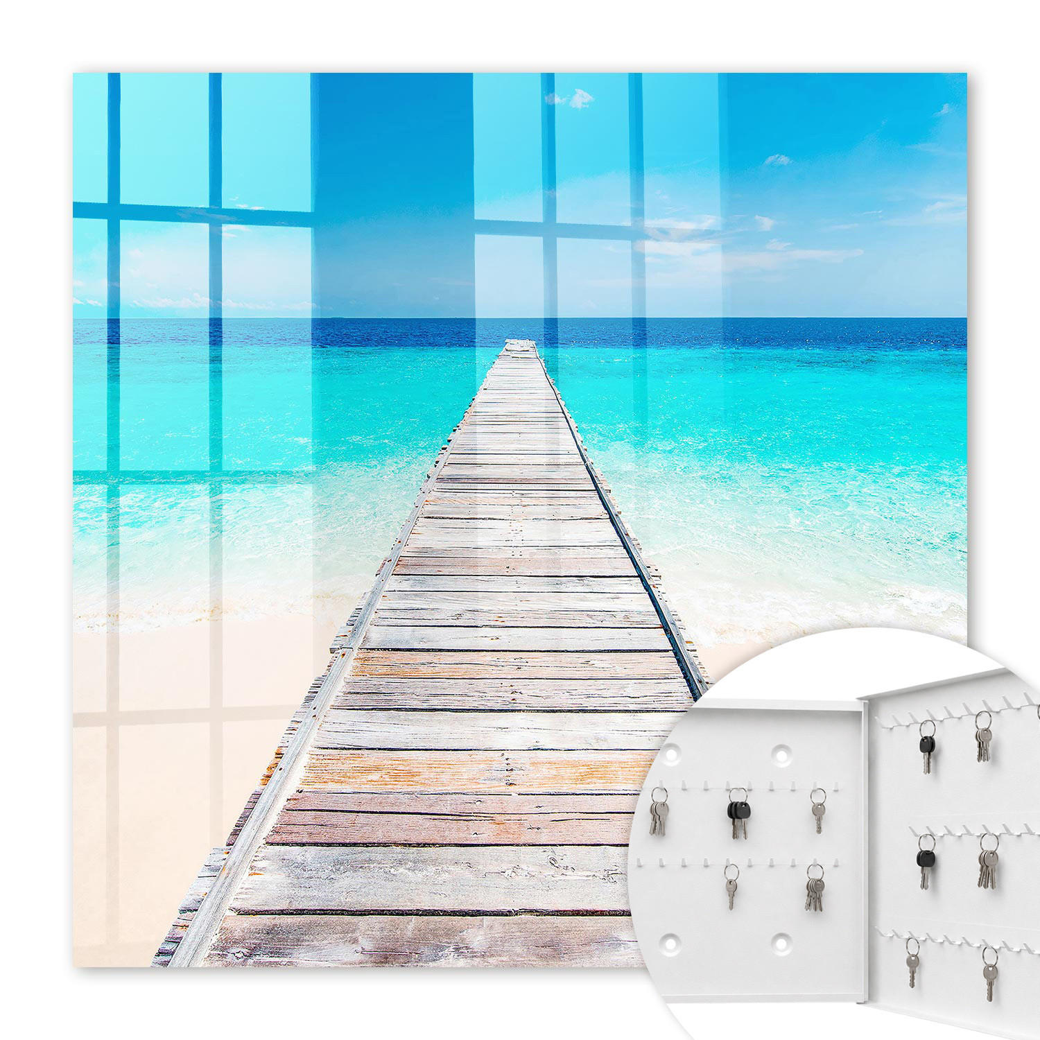 SCHLÜSSELBOX Weiß 30x30 cm – Türöffnung nach rechts - Meeresparadies - Türkis, Metall (30/30/5cm) - TULUP
