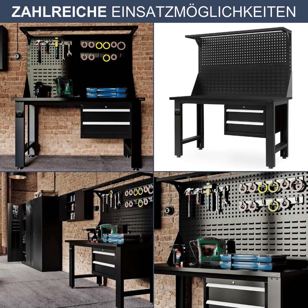 WERKBANK Werkstatt ROBI 170x150x75cm Schwarz Platte Schwarz - Schwarz, Metall (150/170/75cm) - DELUKE