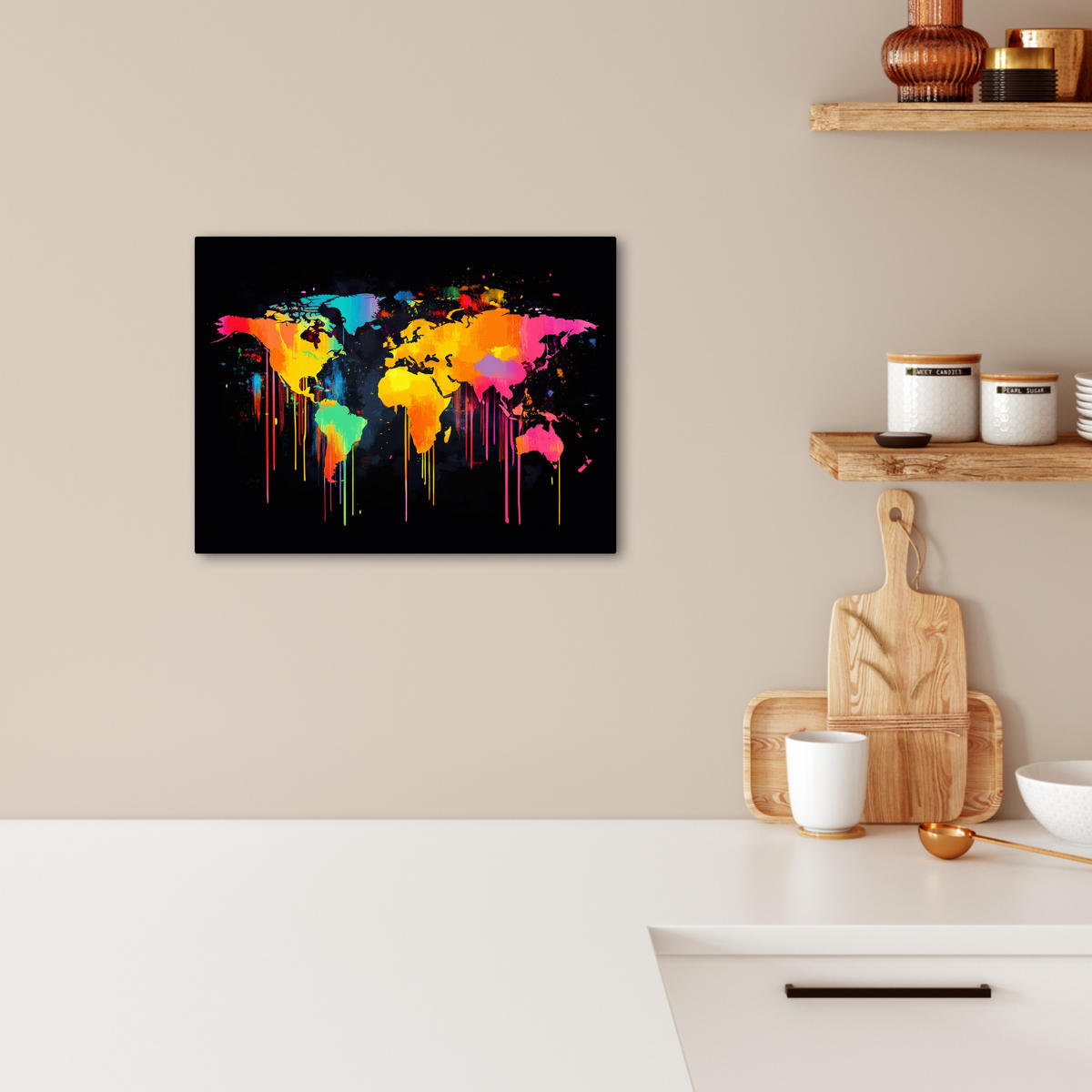 LEINWANDBILD Weltkarte - Farbe - Bunt - Graffiti - Welt 40x30 cm - Multicolor, Textil (40/30cm) - MuchoWow