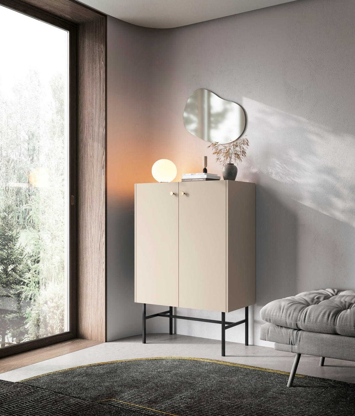 HIGHBOARD Divenos Greige 93 cm - Taupe/Goldfarben, Holzwerkstoff/Metall (93.2/131.7/39cm) - Selsey