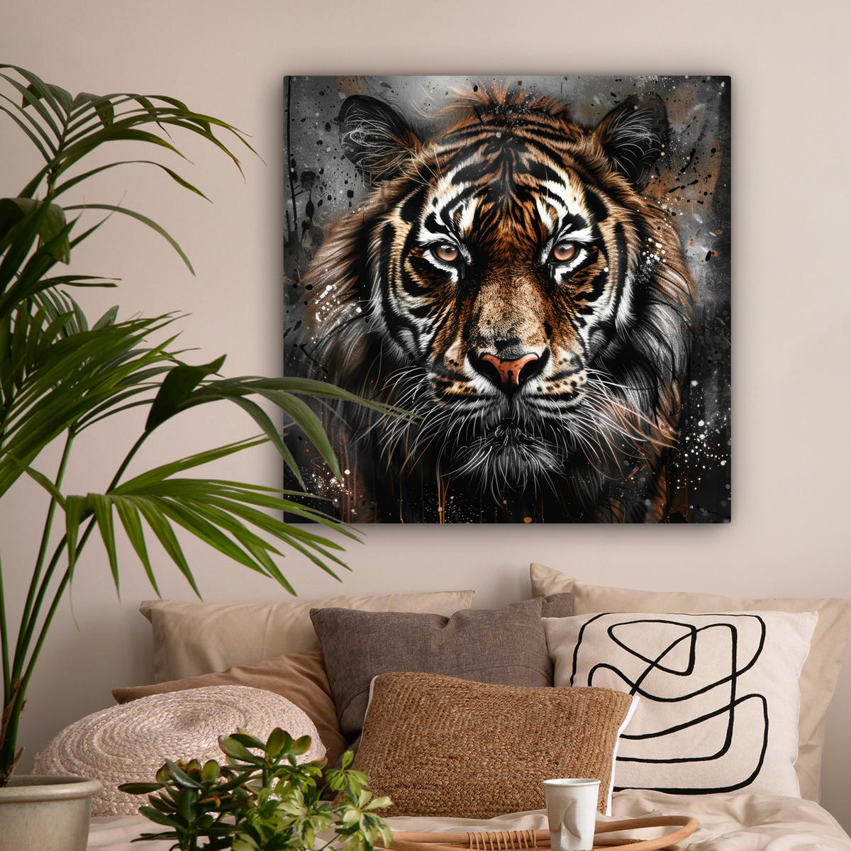LEINWANDBILD Tiger - Tiere - Porträt - Luxus - Schwarz 90x90 cm - Anthrazit, Textil (90/90cm) - MuchoWow