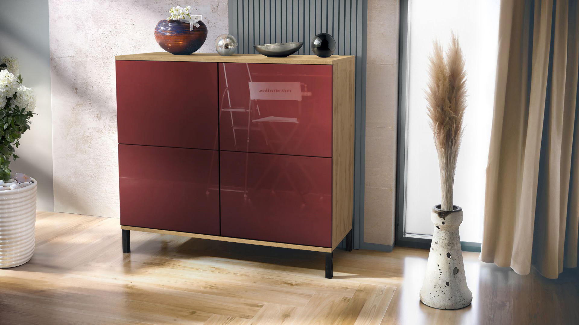 KOMMODE Rova Bordeaux Hochglanz - Bordeaux, Holzwerkstoff (92.5/83.5/35cm) - Vladon