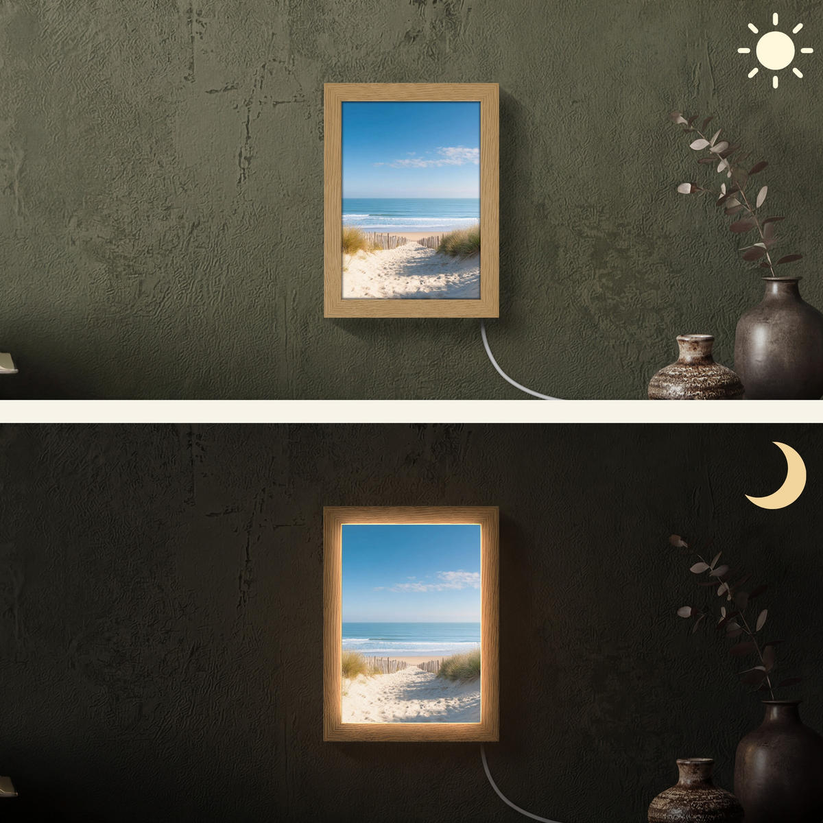 NÁSTĚNNÁ LAMPA Pláž - moře - duny - písek - léto 15x20 cm - písková barva, kompozitní dřevo (15/20/8cm) - OnlyWow