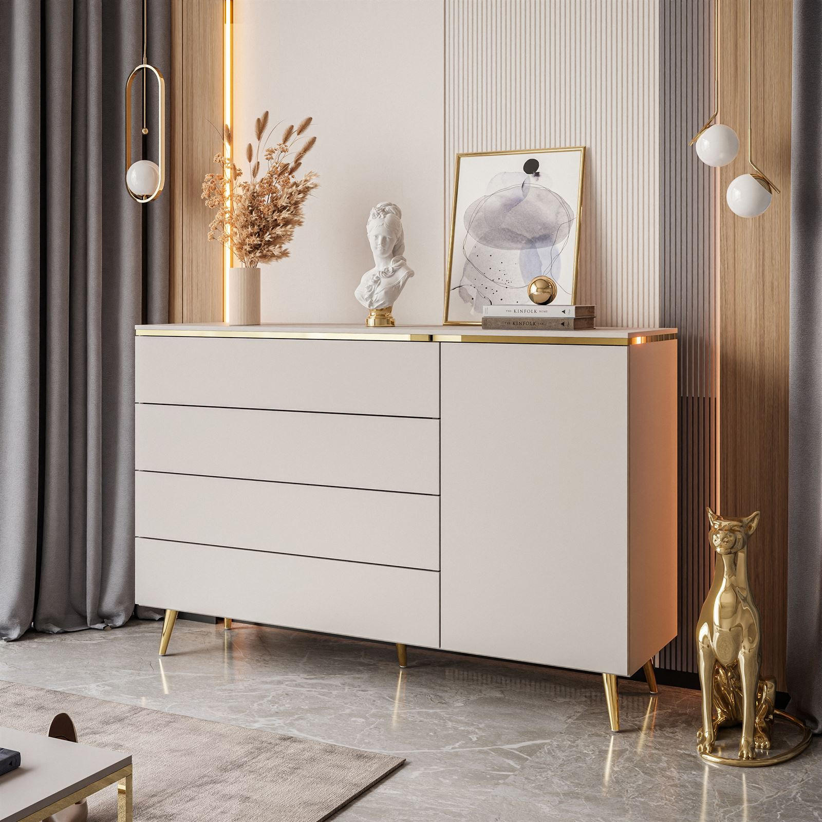 KOMMODE AURORA 4S1D Kaschmir mit schräge Goldchrom Fuße - Kaschmir/Goldfarben, Holzwerkstoff/Metall (140/90/40cm) - Lookway