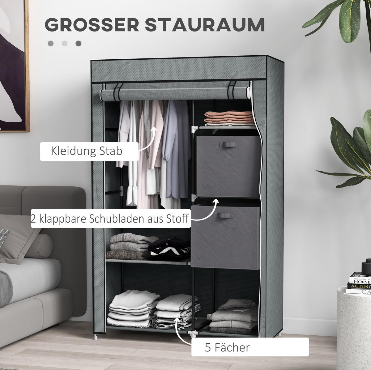 KLEIDERSCHRANK 102/42,5/162,5 cm in Dunkelgrau mit Kleiderstange und 6 Fächern - Dunkelgrau, Metall (102/162.5/42.5cm) - BEAOK