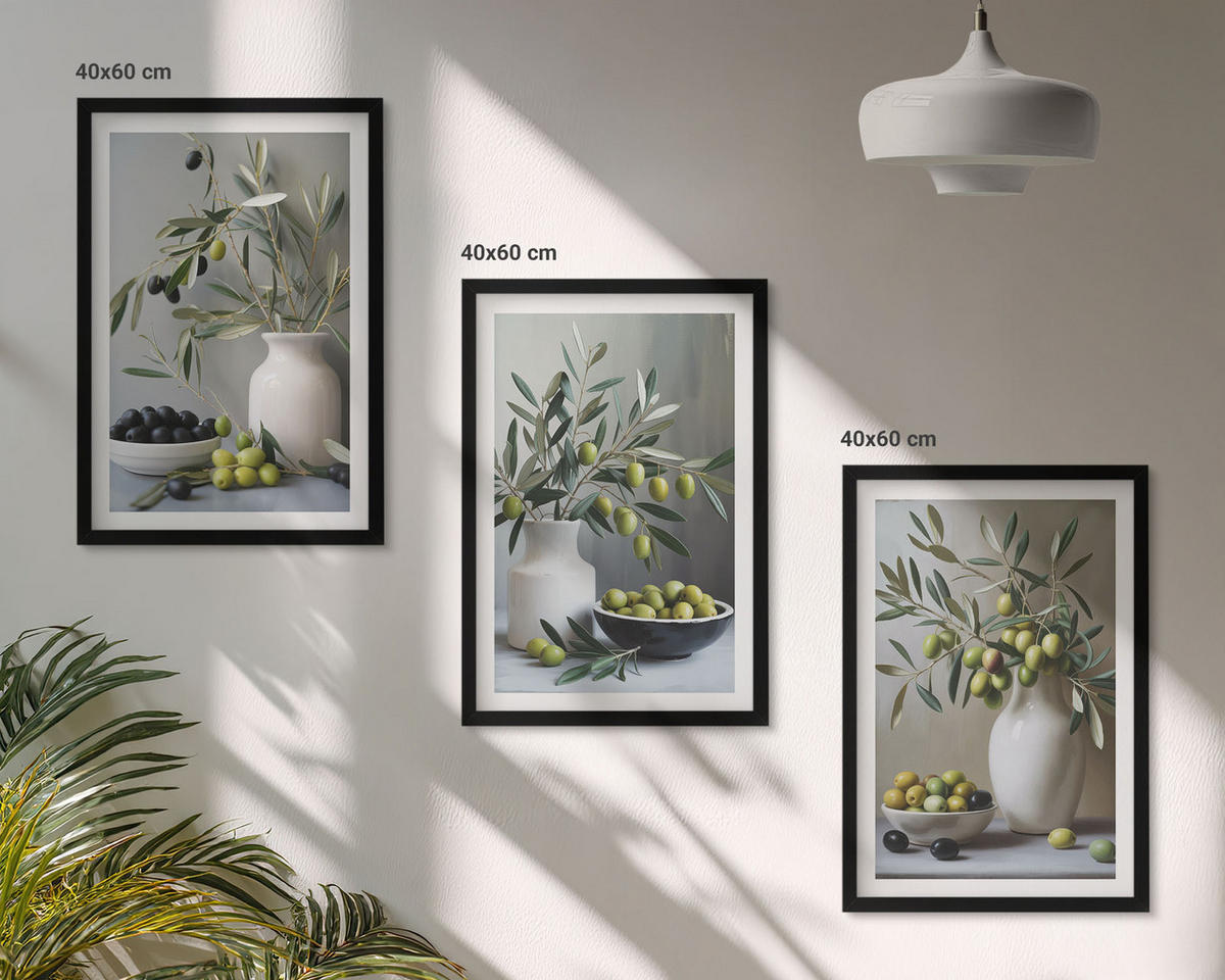 BILDER SET 3er Set - 40x60 cm Schwarzer Rahmen - Oliven in grauen Vasen - Schwarz, Kunststoff (40/60cm) - TULUP