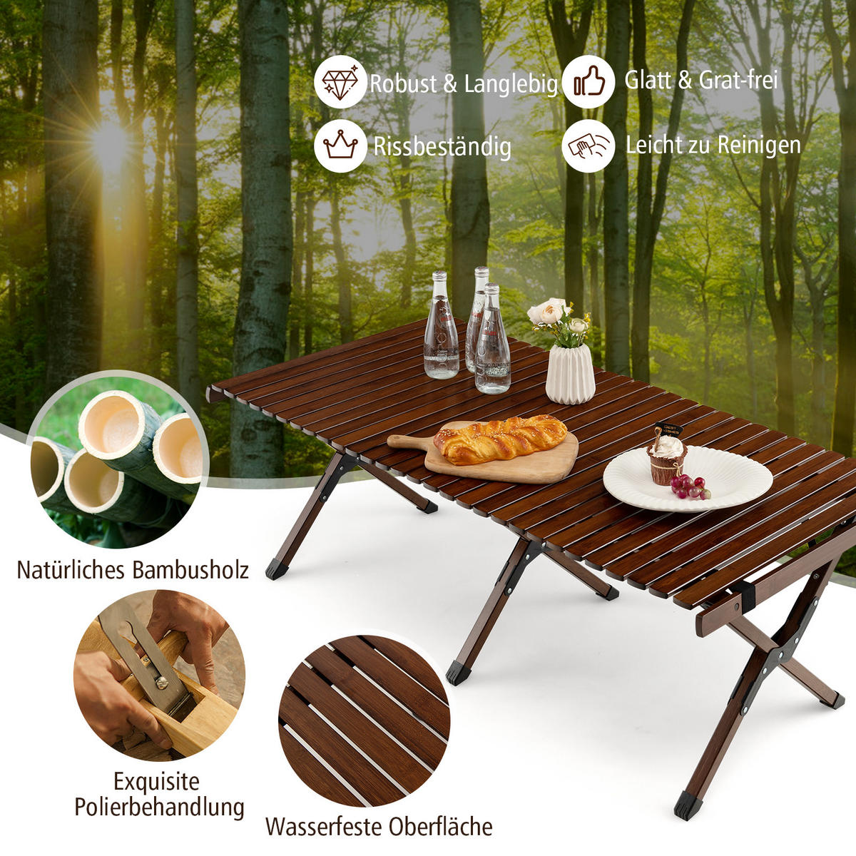 CAMPINGTISCH aufrollbarer Braun - Braun, Naturmaterialien (122/53/44cm) - COSTWAY
