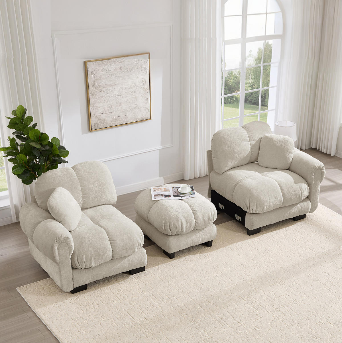 SOFA Modulares Ecksofa mit Ottomane Chenille Hell Khaki - Hellbraun, Holz (149/190cm) - Meubliv