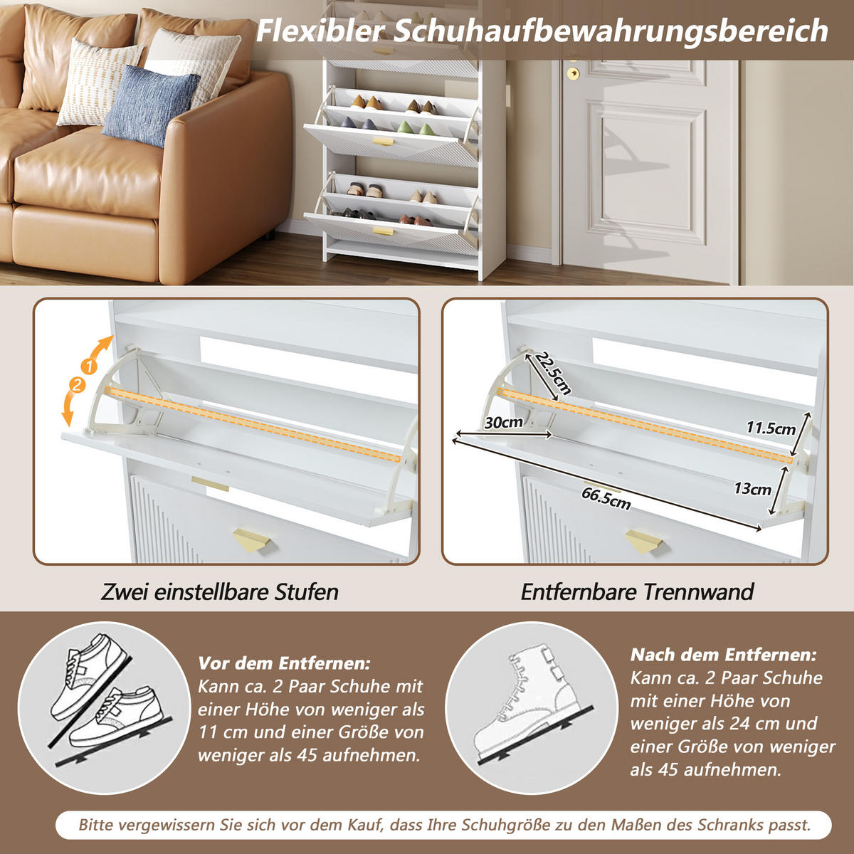 SCHUHSCHRANK in Weiß Schuhkommode mit 3 Klapptüren & 6 Schuhfächern, MDF, Vakuumformdesign, B70/T30/H120cm - Weiß, Holzwerkstoff (70/120/30cm) - STILVORA