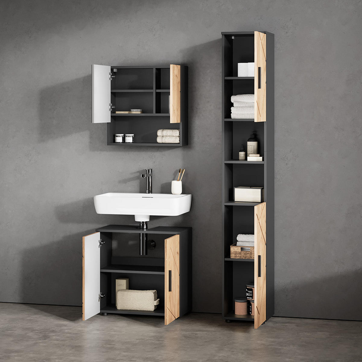 BADMÖBEL-SET Ronco Goldkraft Eiche/Anthrazit 2 Teile, Unterschrank 60 cm - Anthrazit/Eiche Wotan, Holzwerkstoff (60/59/30cm) - Livinity®
