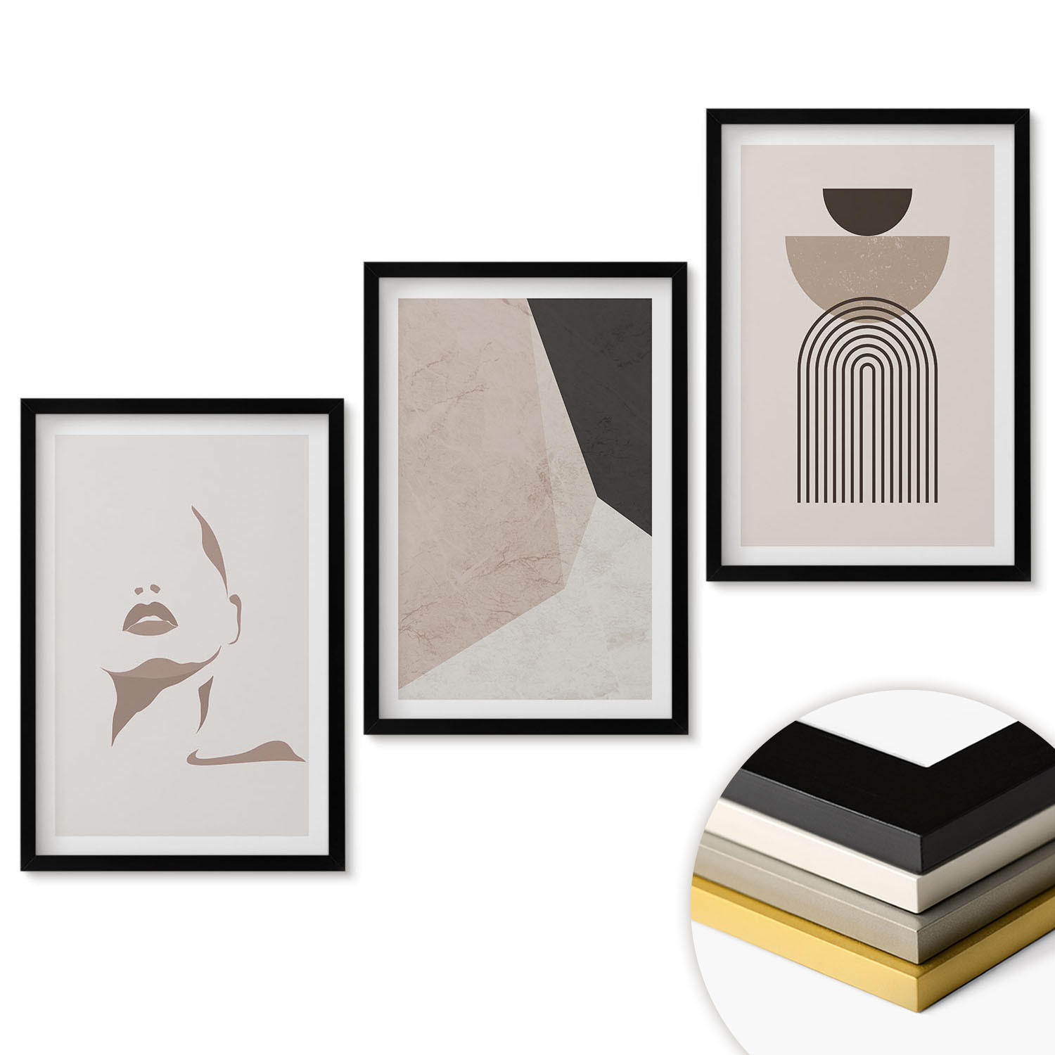 WANDBILDER 3er-Set - 40x60 cm Schwarzer Rahmen - Abstrakte Gesichtsformen - Schwarz, Kunststoff (40/60cm) - ArtPrintCave