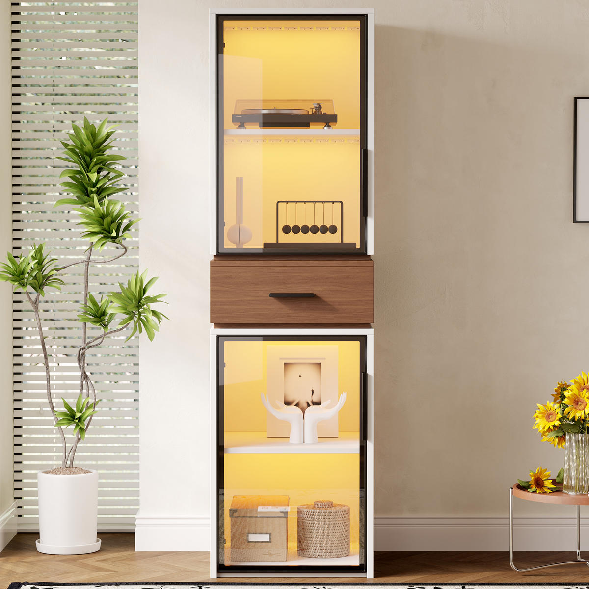HIGHBOARD mit Glastüren und LED 40/40/200 cm in Weiß mit Schublade - Weiß, Holzwerkstoff (40/200/40cm) - BEAOK