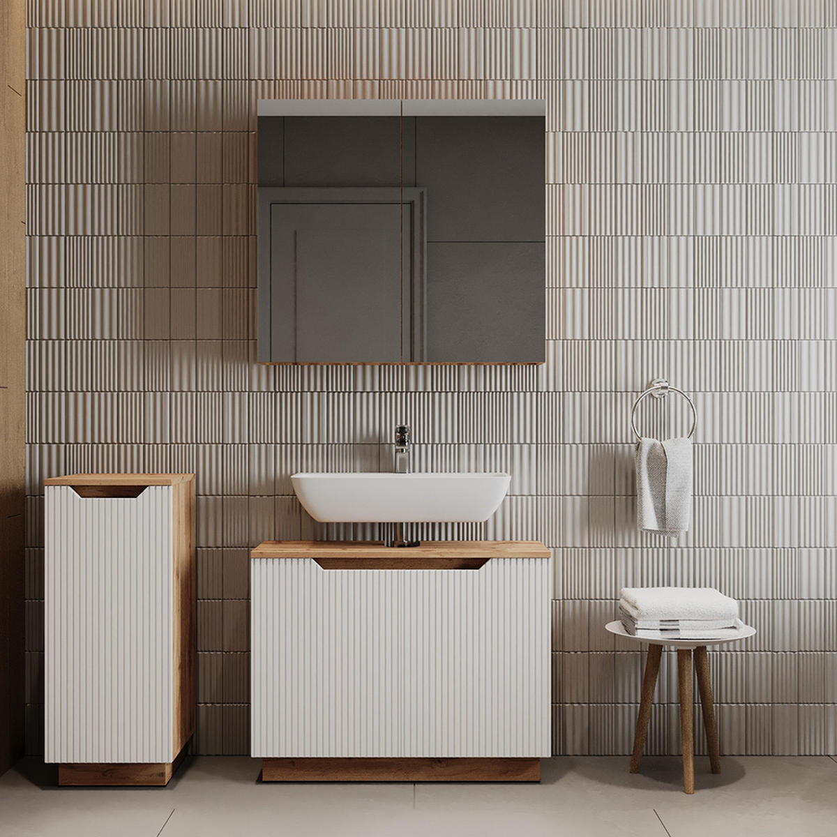 BADMÖBEL-SET Lotta Eiche/weiß gestreift 3 Teile - Eichefarben/Weiß, Holzwerkstoff (79.6/62.1/32cm) - Vicco