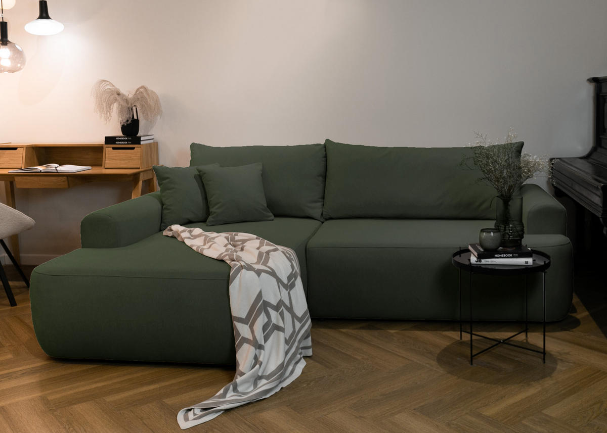 ECKSOFA Ovo Olivgrün Velours - Schwarz/Olivgrün, Kunststoff/Textil (260/165cm) - Selsey