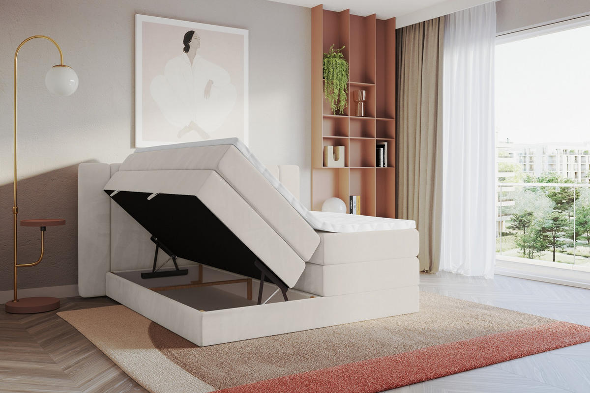 BOXSPRINGBETT mit Matratze H3/H4 - EVON KING - 140x200 cm Beige - Beige, Holzwerkstoff (140/200cm) - ALTDECOR