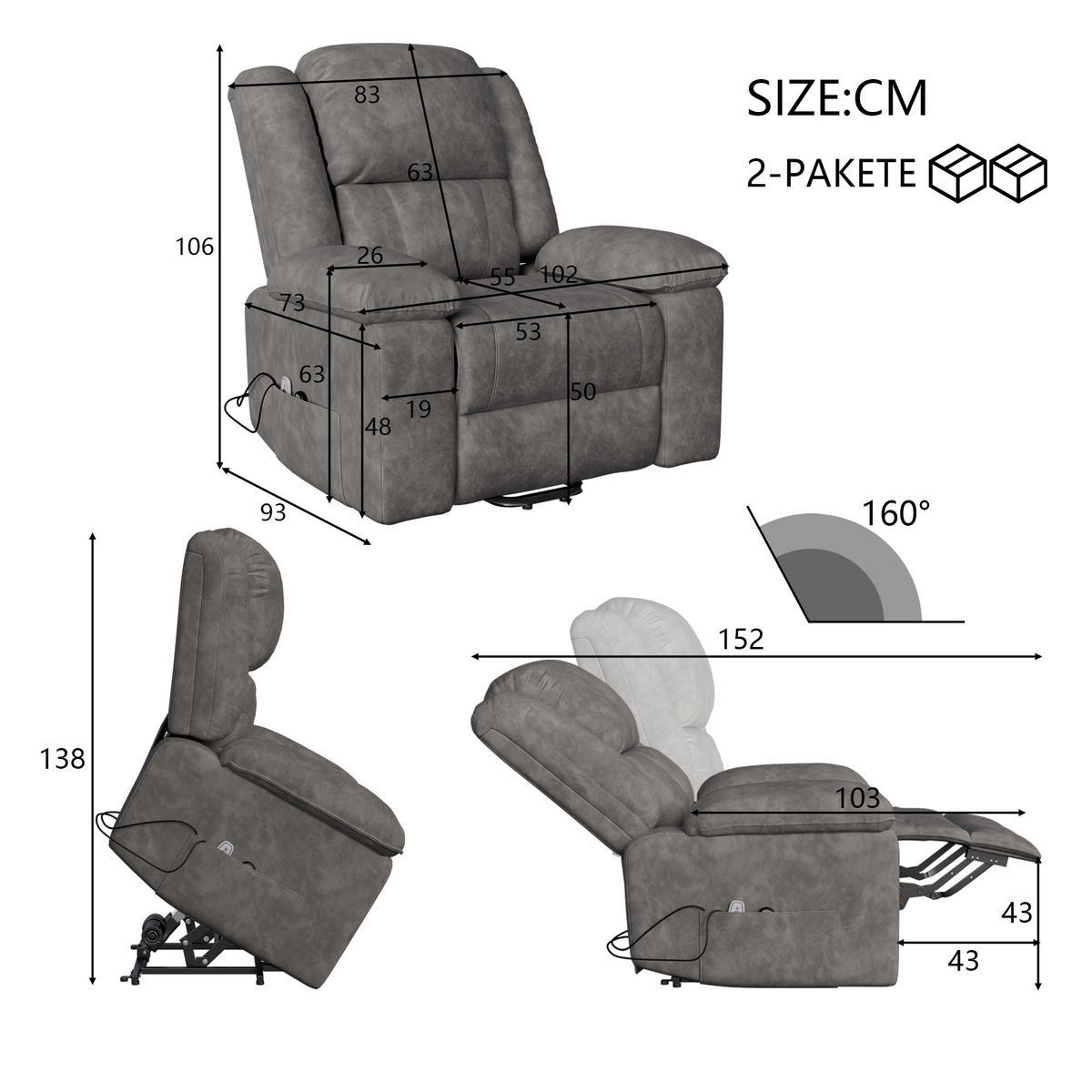 FERNSEHSESSEL Massagesessel Elektrisch mit Liege- & Wärmefunktion, Grau - Grau, Metall (102/106/93cm)
