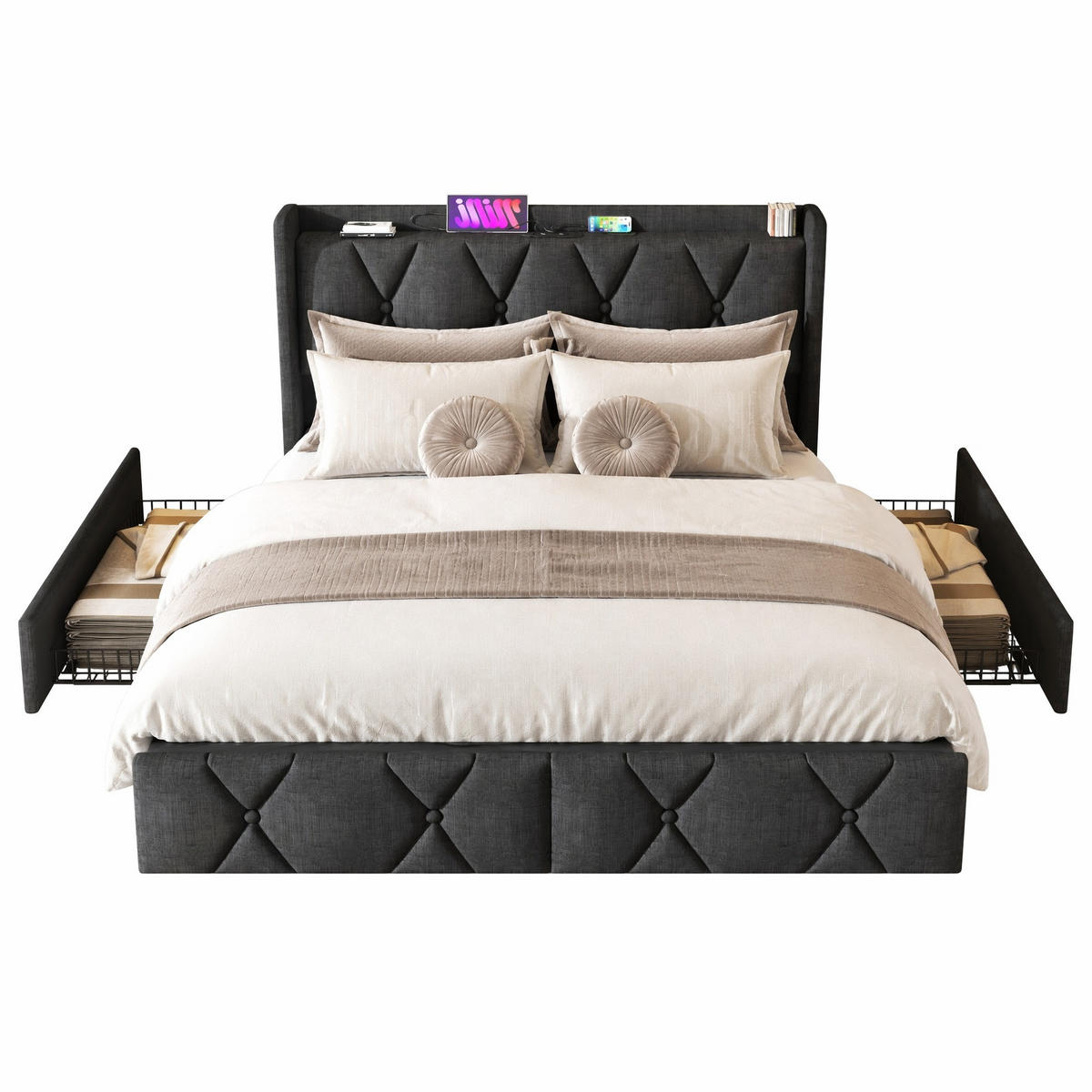 ČALOUNĚNÁ POSTEL 140/200 cm v šedé barvě se 4 zásuvkami, USB a zásuvkami - šedá, kov/kompozitní dřevo (140/200cm) - CHICFURN