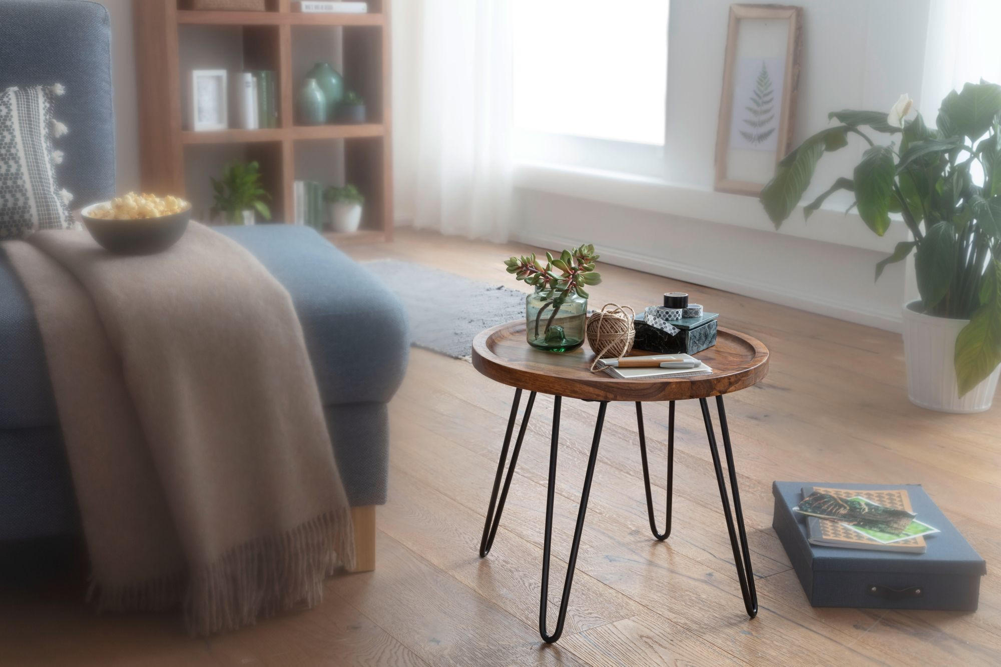 Thumbnail - Kadima Design Couchtisch, Braun, Holz, Echtholz,Sheesham, Rund,Rund, Haarnadel, 45x40x41 cm, Wohnzimmer, Wohnzimmertisch...