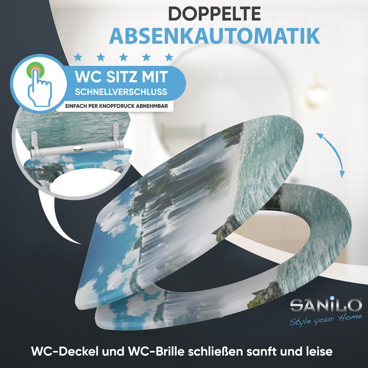 WC-SITZ mit Absenkautomatik & Top Fix Wasserfall - Blau, Holzwerkstoff (37.7/5.5/48cm) - Sanilo
