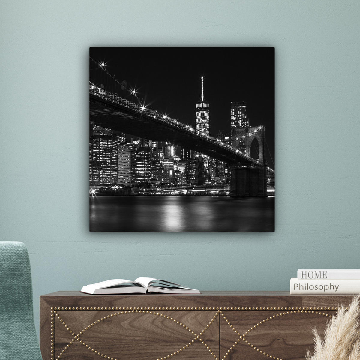 LEINWANDBILD New York - Brooklyn - Brücke Wandbild Wohnzimmer 50x50 cm - Schwarz, Textil (50/50cm) - MuchoWow