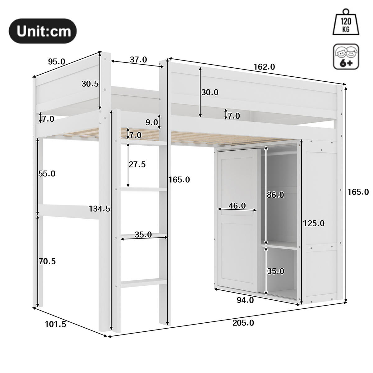 HOCHBETT 90/200 cm in Weiß mit Kleiderschrank und offenem Stauraum - Weiß, Holz (90/200cm) - Flora Grace
