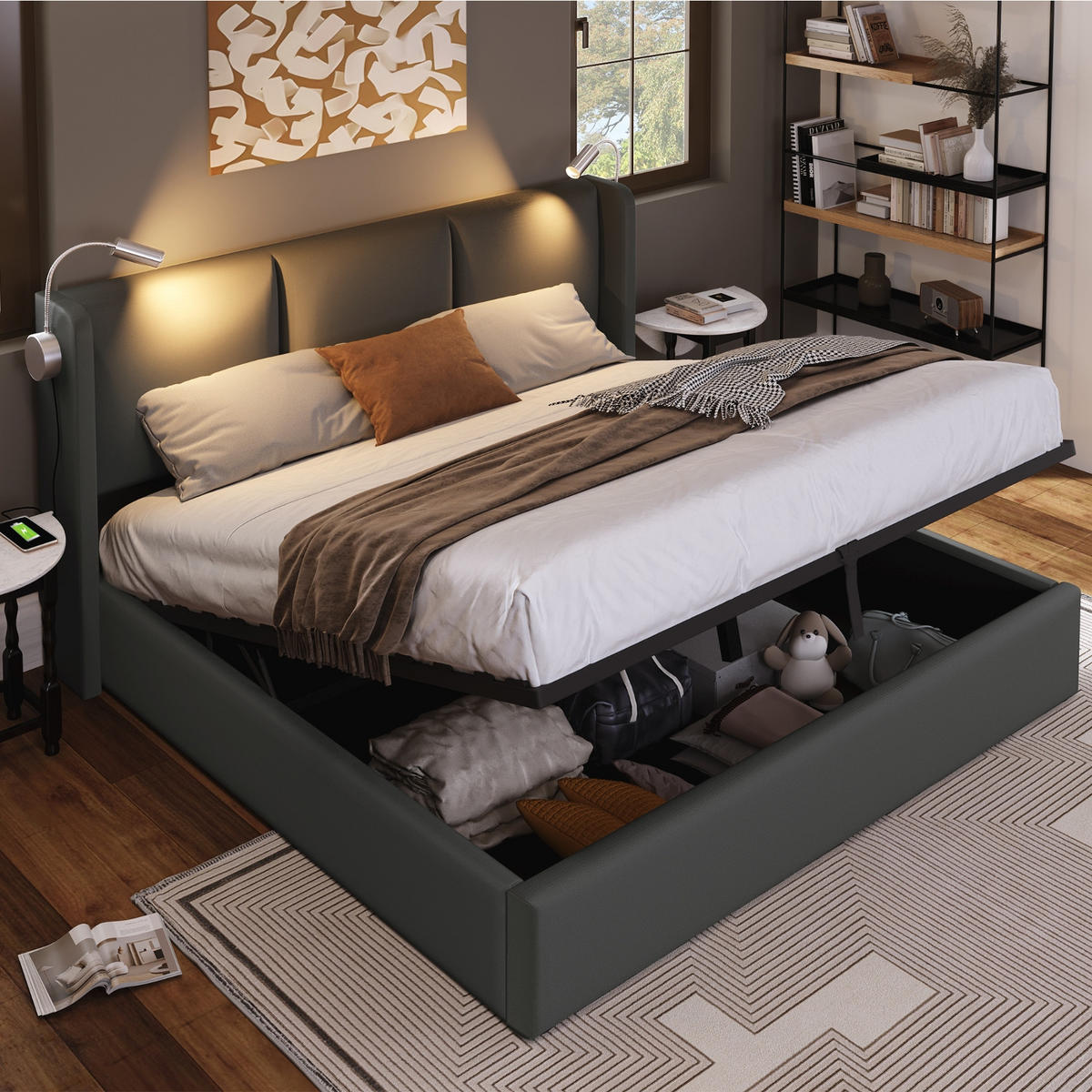 POLSTERBETT 180/200 cm Beige mit USB-Ladefunktion und Stauraum - Beige, Textil (180/200cm) - Oxeza