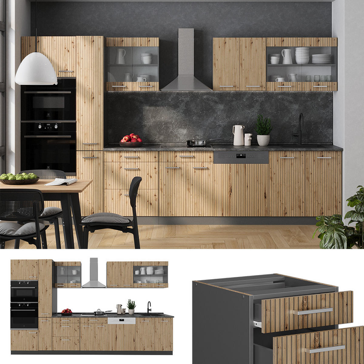 KÜCHENZEILE R-Line Artisan-Eiche/Goldkraft Eiche 350 cm mit Hochschrank ohne AP - Eiche Wotan/Eiche Artisan, Holzwerkstoff (350/81.6/46cm) - Vicco
