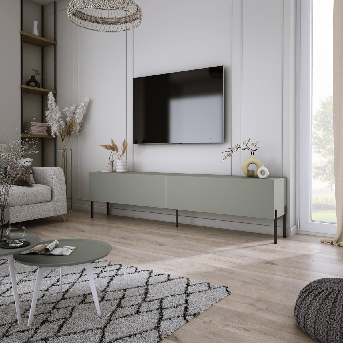 TV-SCHRANK : Aloe, 170 x 52 x 32 cm, schwarze Beine - Schwarz/Grün, Holzwerkstoff/Metall (170/52/32cm) - 3XE LIVING