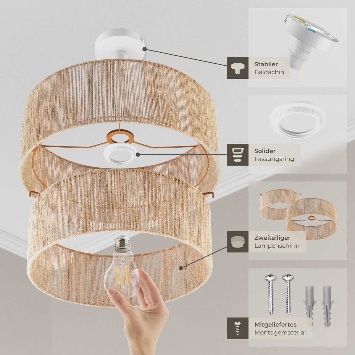 DECKENLEUCHTE Lignea Lux Aus Jute , 45 x 25 cm , braun - Braun, Metall (45/45/27.5cm) - tectake