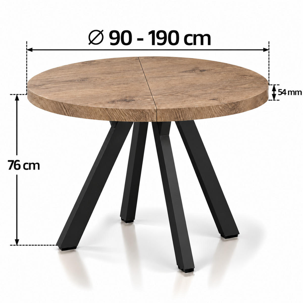 ESSTISCH rund ausziehbar 90/190/76 cm, Braun Eiche Halifax Egger, 54 cm Tischplatte + Y Metallgestell Schwarz - Eichefarben/Schwarz, Holzwerkstoff/Metall (90/190/76cm) - Damale Möbel